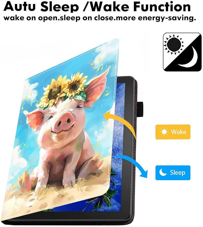 Case for Amazon Kindle Fire 7 Tablet (7 9th/7th Generation 2019/2017 Release) Slim PU Leather Cover with Card Slot &amp Auto Wake/Sleep Watercolor Art Cute Pig