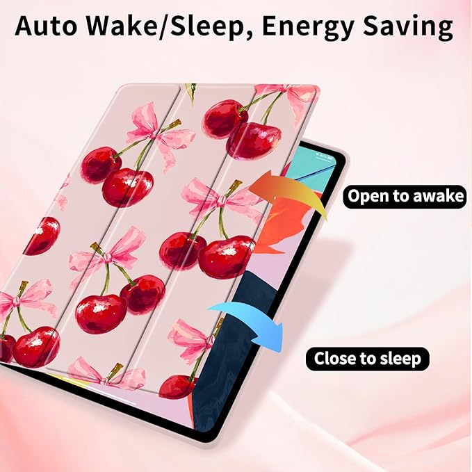 Lovely Cherry Case for iPad mini 7 (A17 Pro) 2024 / iPad mini 6 2021 8.3 Inch with Pencil Holder Cute Bow Girly Pink Leather Clear Back Shell Foldable Protective Cover