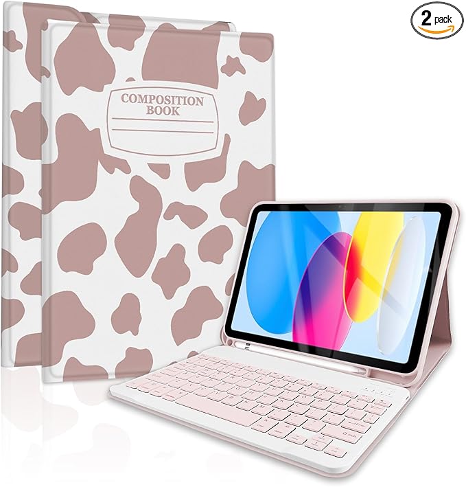 TopPerfekt Case Keyboard for iPad Gen 11th (A16) 11-inch 2025/iPad 10th 10.9-inch 2022DetachableRechargeableMagnetically AbsorbentPencil Holder for 10.9 inch Case with Keyboard-Note Cow PinkBrown