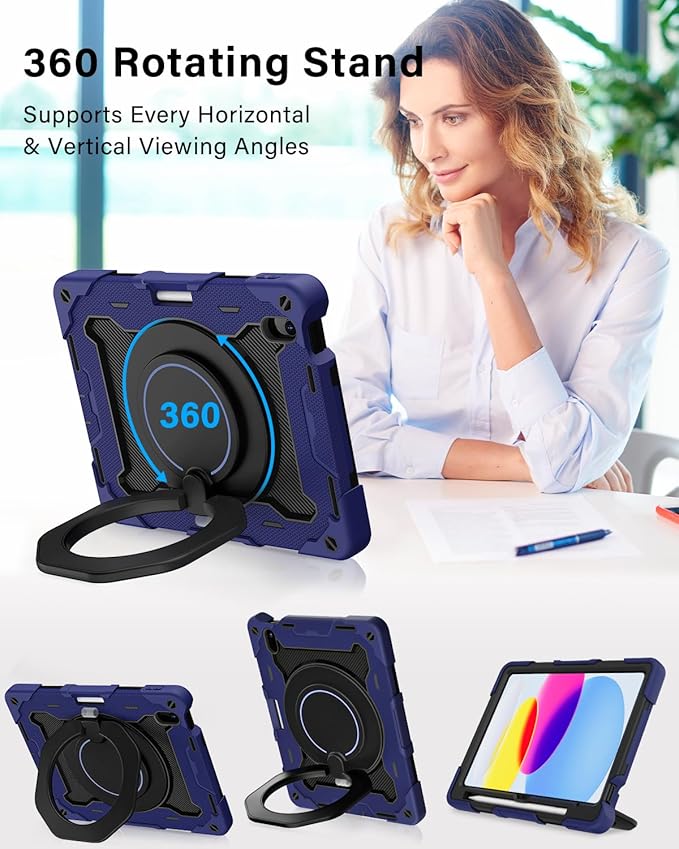 ROISKIN for iPad (A16) 11th/10th Generation Case 2025/2022 (11″/10.9″) Sturdy Heavy Duty Full-Body Shockproof Protective Case with Screen Protector Rotating Stand Handle/Shoulder Strap