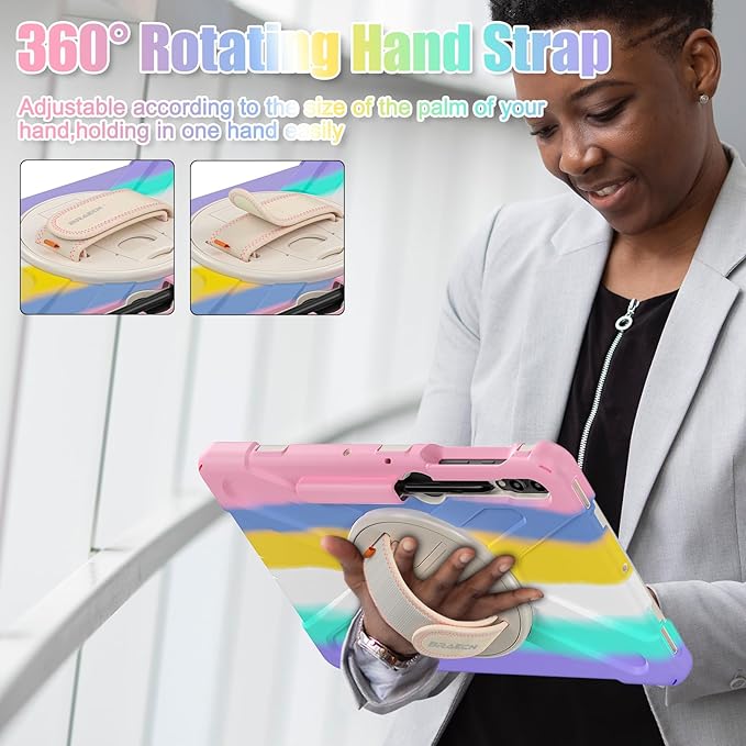 BRAECNstock Kids Case for Samsung Galaxy Tab S10+ Plus/ S9 FE+ Plus/ S9+ Plus/ S8+ Plus/ S7 FE/ S7+ Plus 5G 12.4 Shockproof Protective Cover with Pen Holder Rotating Stand&ampHand Strap - Colorful P