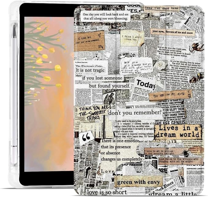 JOYLAND Art Aesthetic Newspaper Collage Pad Case for 10.2 Inch iPad 9th/7th/8th Generation with Pencil Holder Foldable for iPad 2021/2020/2019 Trendy Retro Leather Protective Cover Auto Wake/Sleep