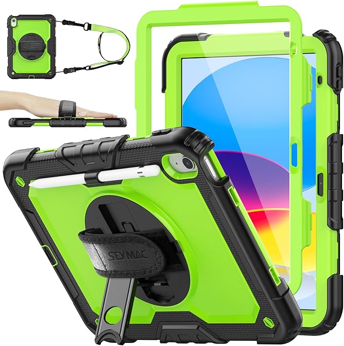 SEYMAC stock Case for iPad (A16) 11th/10th Generation 11''/10.9'' 2025/2022 Full-Body Drop Protection Case with Screen Protector &amp360° Rotate Hand Strap/Stand Green+Black