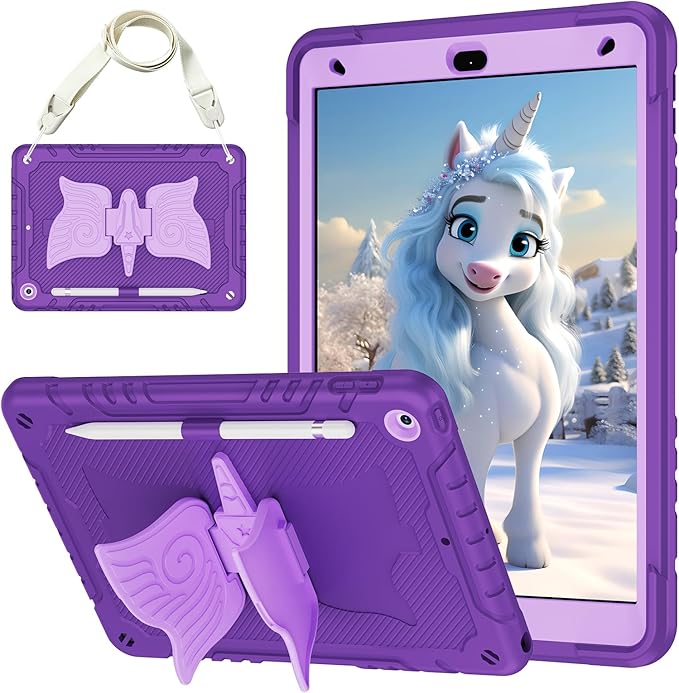 for iPad 9th 8th 7th Generation Case 10.2 inch with Butterfly Kickstand Shoulder Strap Pencil Holder Cute Rugged Cover for Kids Girls for iPad 2021 2020 2019 Purple