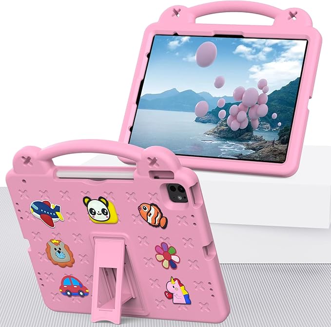 Kids Case for iPad Pro 11-Inch 2022/2021/2020/2018 (4th/3rd/2nd/1st Generation) &amp iPad Air 5th/4th Gen Case 2022/2020 10.9 with Kickstand/Handle/Pencil Holder Stand Girl Boy Cover Rose