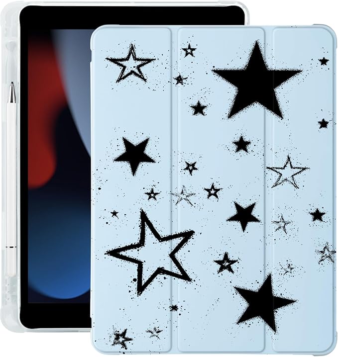 Cute Y2K Black Star for iPad Pro 11 Inch Case (M5/M4) 2025/2024 with Pencil Holder Auto Sleep/Wake Blue Leather Soft TPU Back Cover