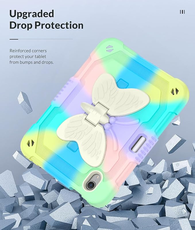for iPad Mini 7 A17 Pro Case for iPad Mini 7th/6th Generation - Rugged Soft Silicone Cute Cartoon with Shoulder Strap Multi-Angle Stand Kawaii for Women Girls Girly Kids Teens Cover Colorful