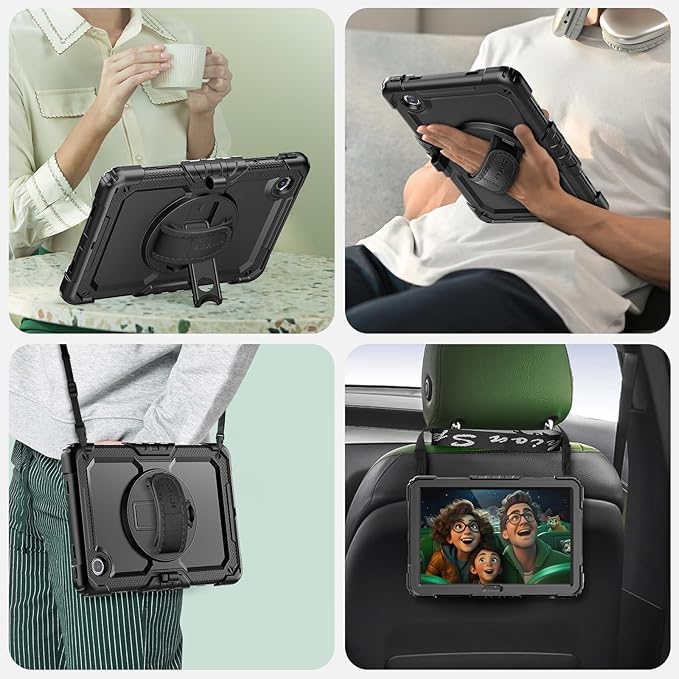 SEYMAC Case for Lenovo Tab M11/K11 11 Inch Heavy Duty Shockproof Protective Case with Screen Protector 360° Rotating Stand Hand/Shoulder Strap and Pen Holder Black