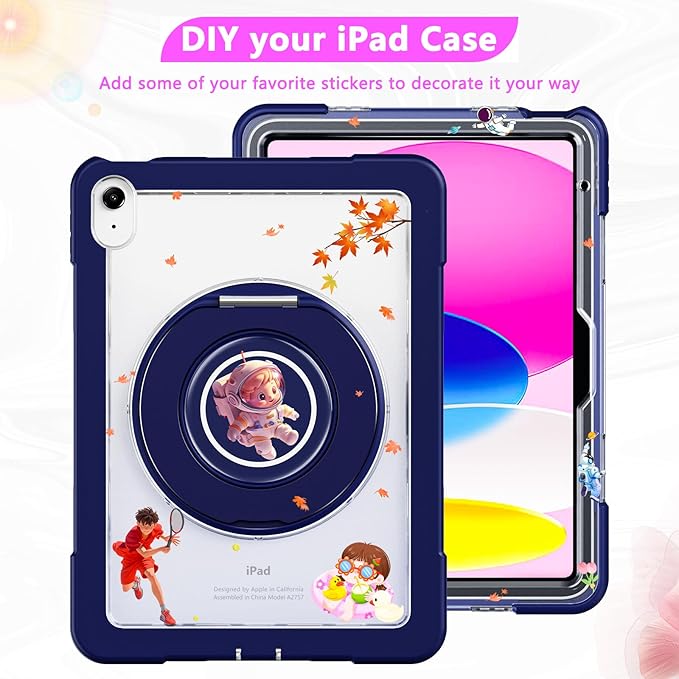 Case for iPad (A16) 11th /10th Generation 11 Inch 2025/10.9 inch 2022with Screen Protector360 Rotating Metal StandClear BackHeavy Duty Shockproof for Kids Case Navy Blue