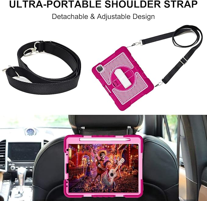 Shockproof Case for iPad Pro 11-inch 4th/3rd/2nd Generation with Shoulder Strap Techcircle Heavy Duty Rotating Kickstand Hand Strap Rugged Defender Protective Case with Pencil Holder Rose+Pink