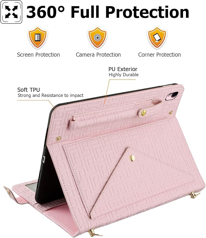 Dteck Handbag Case for iPad 9th/8th/7th Generation 2021/2020/2019 10.2 Inch with Pencil Holder Folio Stand PU Leather Crossbody Shoulder Hand Strap Card Pockets Magnetic Envelope Wallet CoverPink