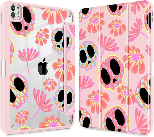 Mektron Case for M5/ M4 iPad Pro 11 inch 2025/2024 with Pencil Holder Compatible Models: A3357/A3358/A3359/A2836/A2837/A3006 Shockproof Cover Clear Shell Skull &amp Flowers Pink