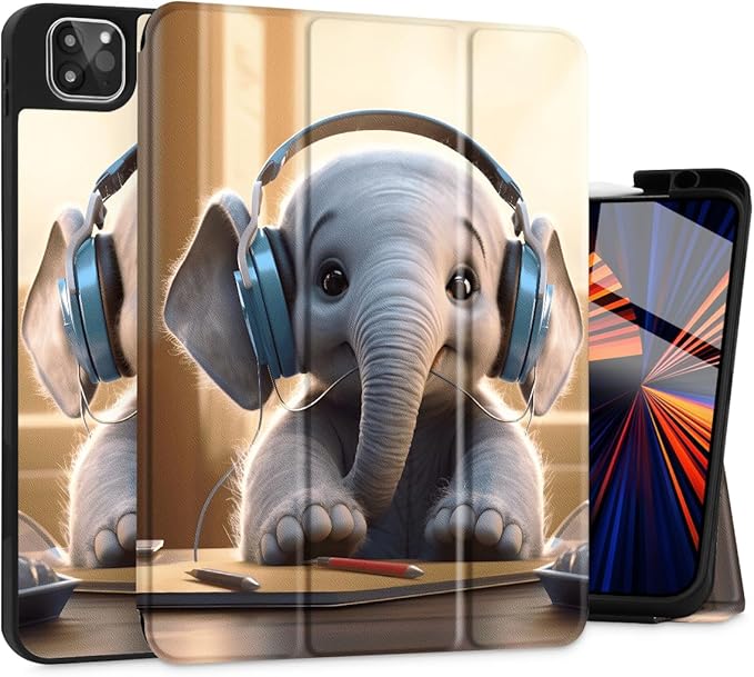 Tuiklol Case for iPad Pro 12.9 inch M2 Generation 6th / 5th / 4th / 3rd 2022 2021 2020 2018 Release - Built in Pencil Holder Slim Protective Cover with Auto Wake/Sleep Elephant