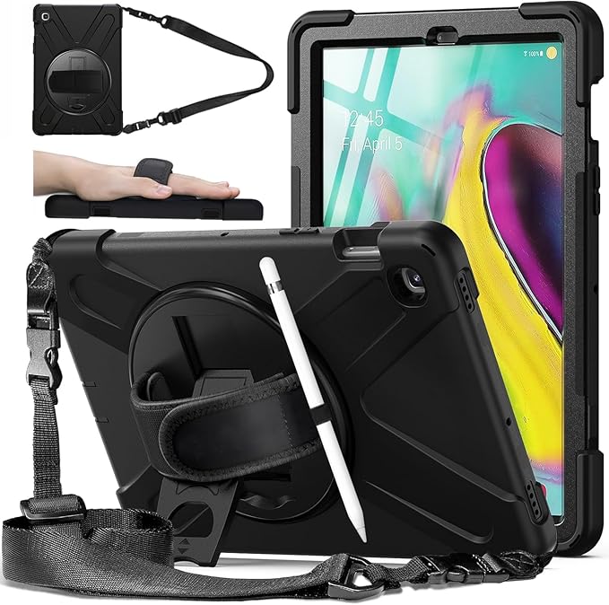 DreamerX for Samsung Galaxy Tab S5e Case 10.5 inch 2019 SM-T720/T725/T727 Shockproof Kids Drop Protective Cover w/ 360 Rotating Hand Strap Multi Stand Angles Carrying Shoulder Strap Pen Holder Black