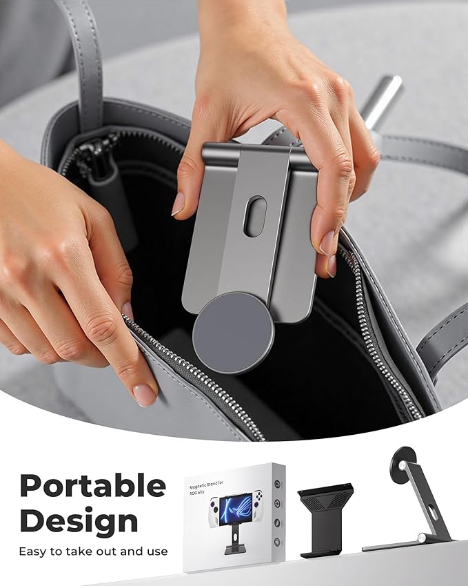 Antank Foldable Magnetic Stand for ROG Ally Aluminum Alloy Adjustable Angle Height iPhone Stand for Desk Portable Desktop Holder‌ Compatible with Rog Ally iPhone 17/16/15/14/13/12 Magnetic Case