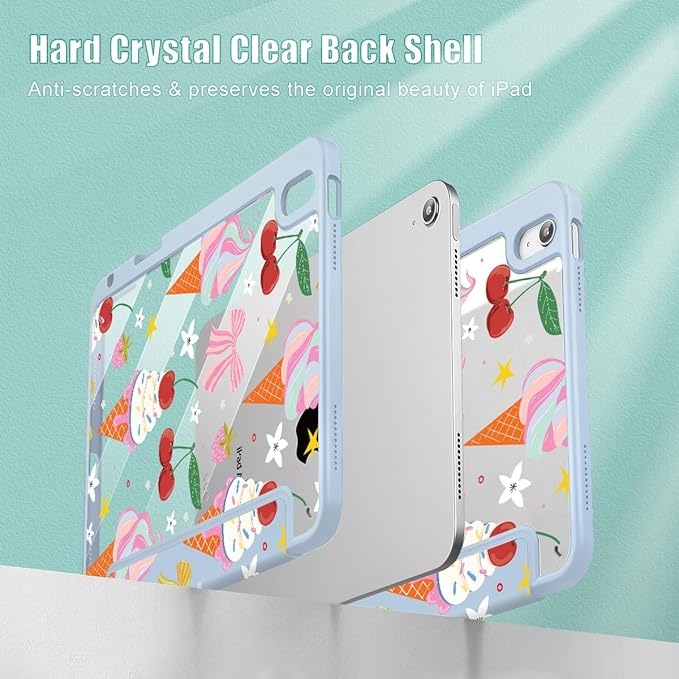 Case for iPad Air 11'' (M4 2026/M3 2025/M2 2024)/ iPad Air 10.9'' Air 5th /4th Gen Shockproof Cover with Clear Back Shell &amp Penceil Holder Auto Wake/Sleep Stand Cover Ice Cream-Bows-Blue