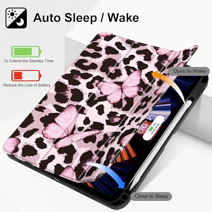 Mektron Case for iPad Air 11 inch (M4 2026 8th /M3 2025 7th /M2 2024 6th) Compatible with iPad Air 10.9 (2022 5th Gen /2020 4th Gen) Tablet Cover Buit in Pencil Holder Leopard Pink Butterfly