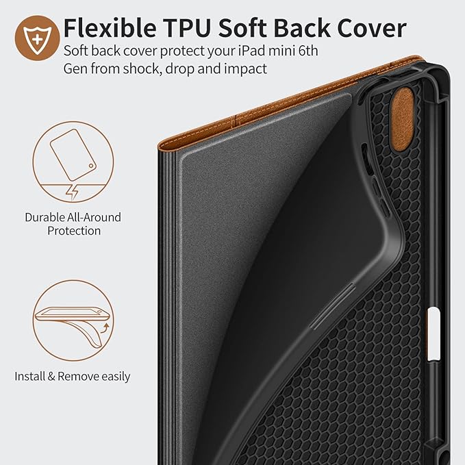 H HOLIMET Case for iPad mini 7 A17 Pro iPad mini 7th/6th (2024/2021) with Pencil Holder Pocket with Soft TPU Back Cover Sleep/Wake Vegan Leather