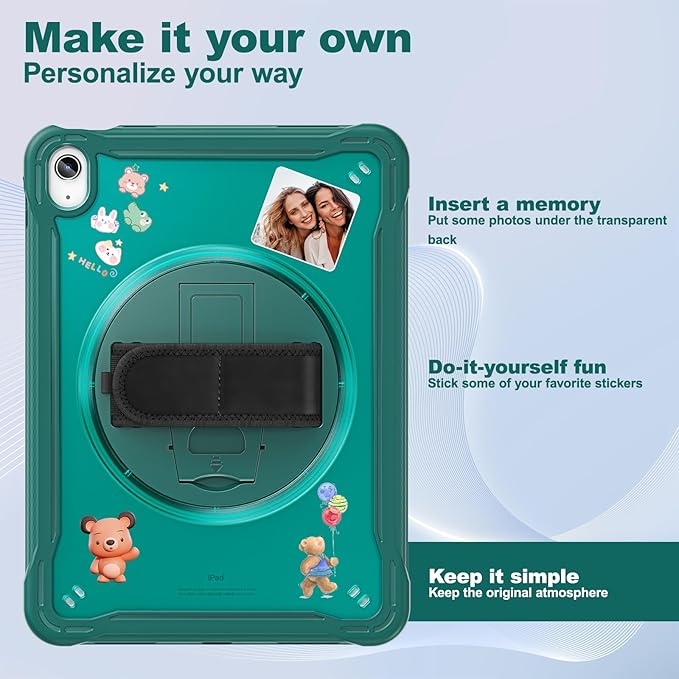 Case for iPad (A16) 11th/10th Generation 2025/2022 11/10.9 inch Rugged Shockproof Protective Cover with Screen Protector 360° Rotating Hand Strap&ampStand Pencil Holder Green