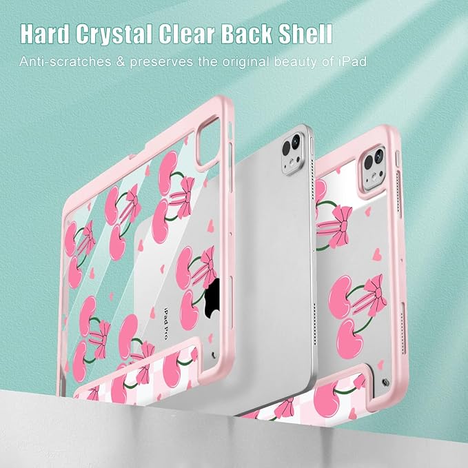 May Chen Case for iPad Pro 11-Inch M5/M4 2025/2024 (6th/5th Generation) Clear Transparent Print Back Shell Slim Stand Shockproof Tablet Cover Auto Wake/Sleep Pink Cherries &amp Bows