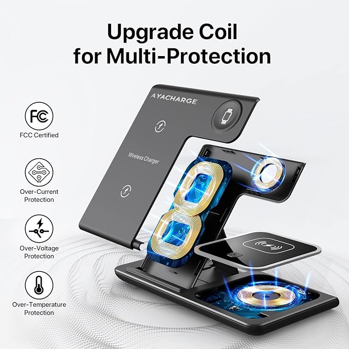 3 in 1 Wireless Charging Station Compatible with iPhone Samsung and AirPods – Foldable Wireless Charger Stand for Smart Watch – Desk &amp Travel Charging Dock