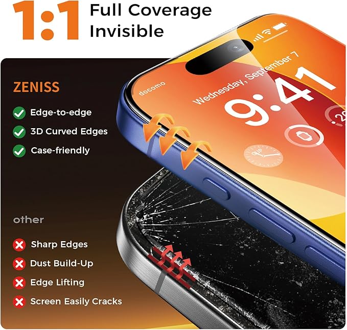 NeverBreak 9H+ Hardness for iPhone 16 Plus Screen Protector 12FT Military Grade Protection (Scratch Shatter Drop Resistance) 16Plus Tempered Glass Full Edge Coverage 6.7 2 Pack Replacement Parts