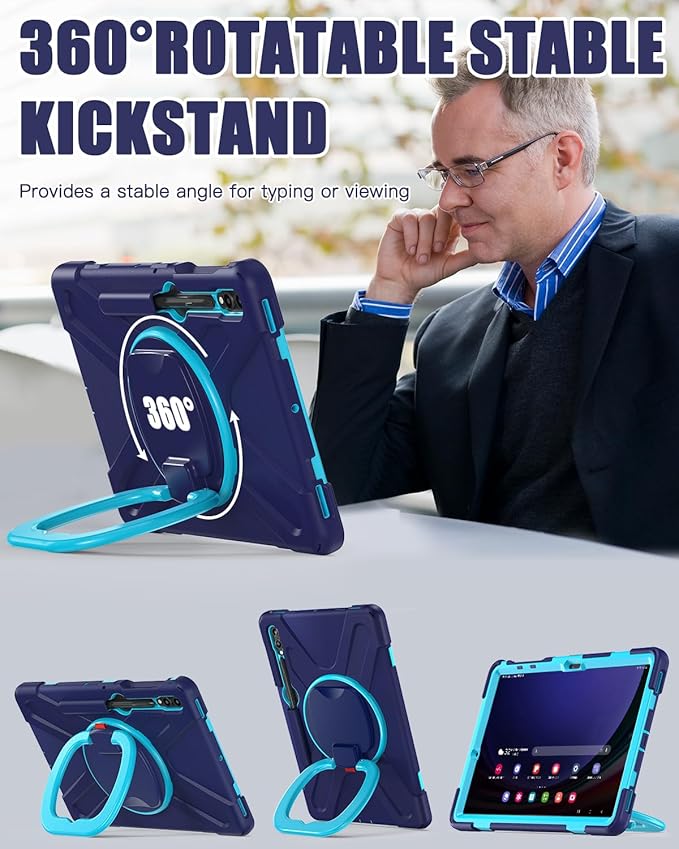 BRAECN Case for 12.4” Samsung Galaxy Tab S10+/ S9 FE+/ S9+/ S8+/ S7 FE/S7+ Plus Rugged Silicone Cover w/S Pen Holder Screen Protector Handle Grip/Kickstand Shoulder Strap Navy Blue