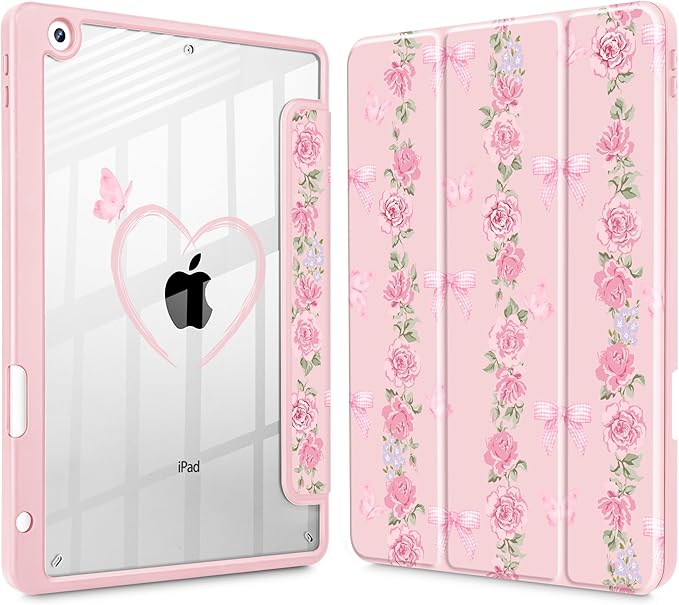 May Chen for iPad 9th Generation with Pencil Holder iPad 8th/7th Gen Case 10.2-inch [Penceil Holder] Trifold Stand Auto Wake/Sleep Clear TPU Protection Back Cover Bow &amp Rose Flower