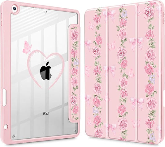 May Chen for iPad 9th Generation with Pencil Holder iPad 8th/7th Gen Case 10.2-inch [Penceil Holder] Trifold Stand Auto Wake/Sleep Clear TPU Protection Back Cover Bow &amp Rose Flower