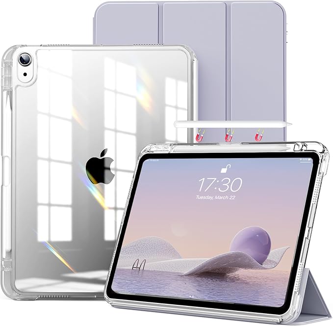 kenke Hybrid Case for iPad Air 11 Inch (M3) 2025 / (M2) 2024 iPad Air 5th/4th Gen 2022/2020 10.9 Inch with Pencil Holder Detachable Cover with Clear Hard Back Shell Auto Sleep/Wake Light Purple