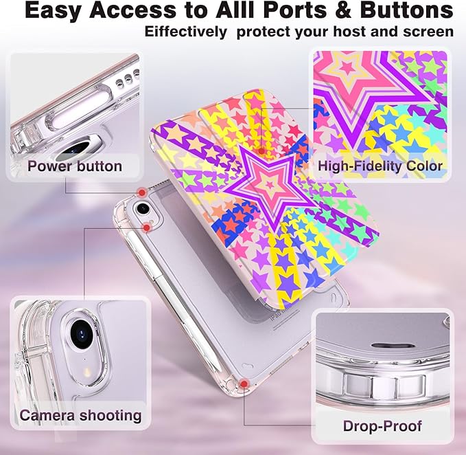 Y2K Rainbow Starburst iPad mini Case for Girls – Colorful Five-Point Star Design with Pencil Holder Auto Wake/Sleep &amp DIY Stickers Retro Pop Art Protective Cover for iPad mini 6/7