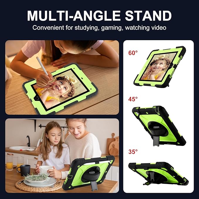 for iPad 6th Generation/iPad 5th Gen/iPad Air 2/iPad Pro 9.7 Case with Cute Key Chain Rugged Protective Case with Rotating Stand &amp Shoulder Hand Strap for iPad 6th/5th/ Air 2 (Black+Yellow)