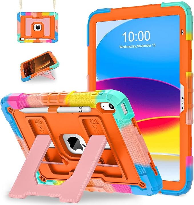 WESOROL Case for iPad A16 11th Generation 11 Inch (2025) iPad 10th Generation 10.9 Inch (2022)i Pad A16 Case Military Grade Shockproof Cases with Pencil Holder Shoulder StrapColorful Orange