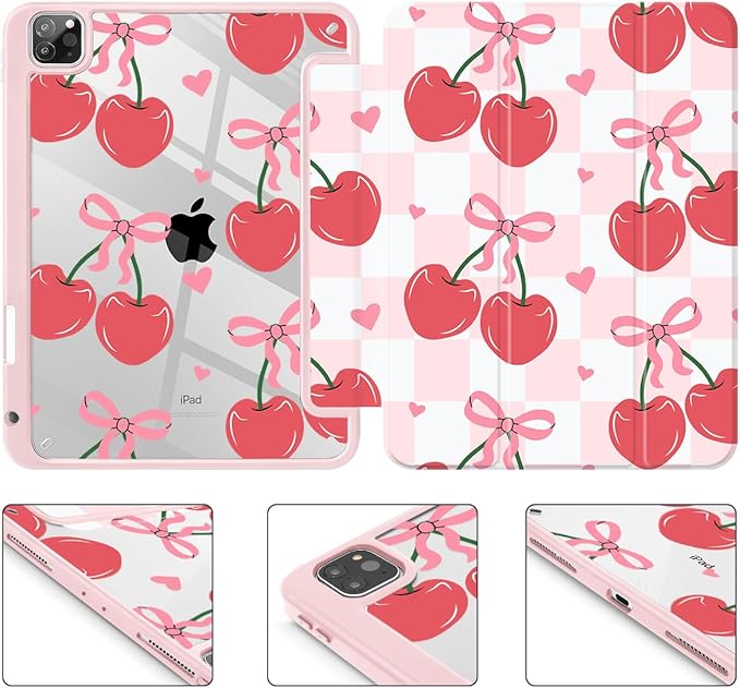 Mektron Case for iPad Pro 11 inch (4th 3rd 2nd &amp 1st Gen) 2022 2021 2020 2018 Buit in Pencil Holder with Shockproof Cover Clear Shell + Trifold Stand + Auto Wake/Sleep Cherries Bows C353