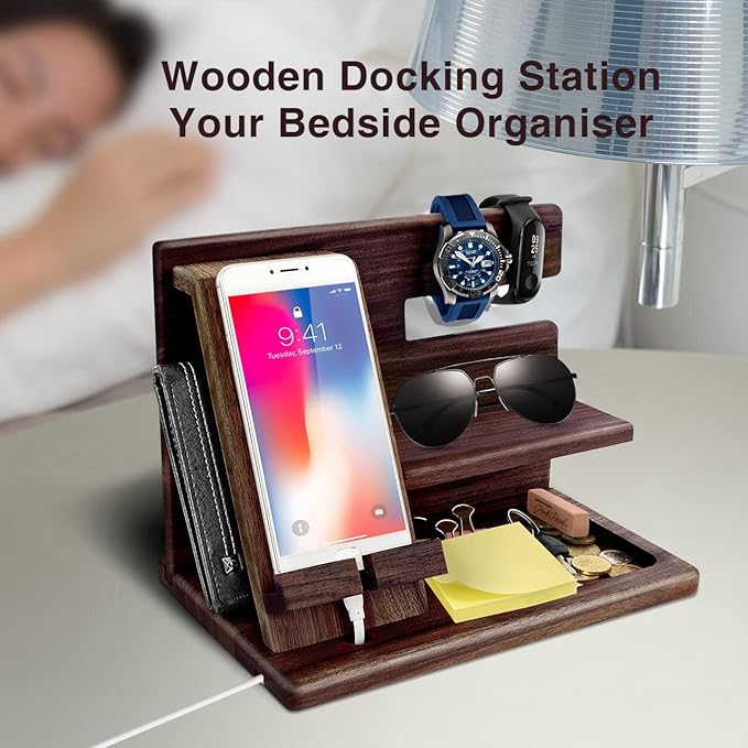 Gifts for Men Christmas Wood Phone Docking Station Mens Gifts for Birthday or Gifts for Dad Fathers Day Desk Workspace Organizer Nightstand Organizer Key for Wallet &amp Watch Holder Husband Chris