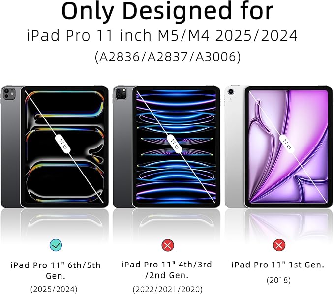 Case for iPad Pro 11 inch M5/M4 (2025/2024 6th/5th Generation) Removable and Detachable Magnetic Cover with Pencil Holder Vertical Adjustable Stand Tri-Fold Multi-Angle Black
