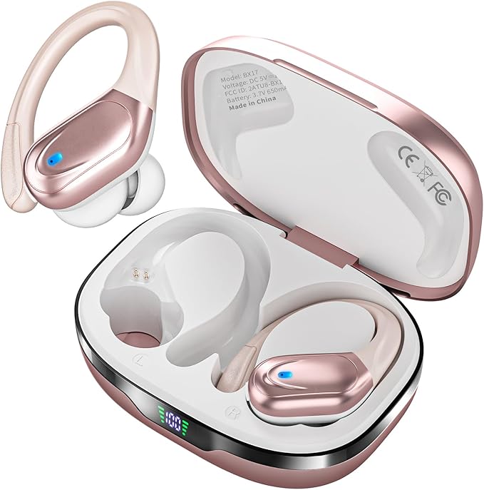 Wireless Earbuds Sports Bluetooth Headphones 80Hrs Playtime Ear Buds with LED Power Display Noise Canceling Headset IPX7 Waterproof Earphones for Workout/Running（Rose Gold）