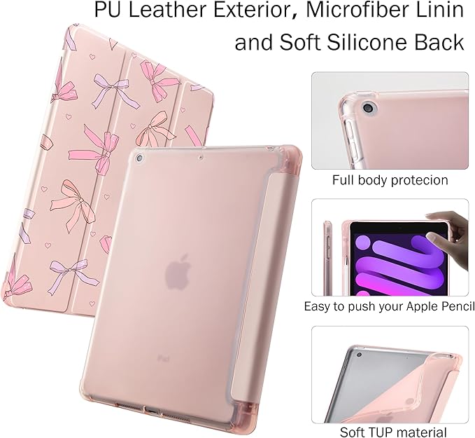 Idocolors Case for iPad 11 inch (A16 Chip) 2025 Generation 11th / iPad 10.9 inch 2022 10th Gen Built-in Pencil Holder with Soft TPU Shockproof Back Shell Auto Wake/Sleep Pink Bows-Pink