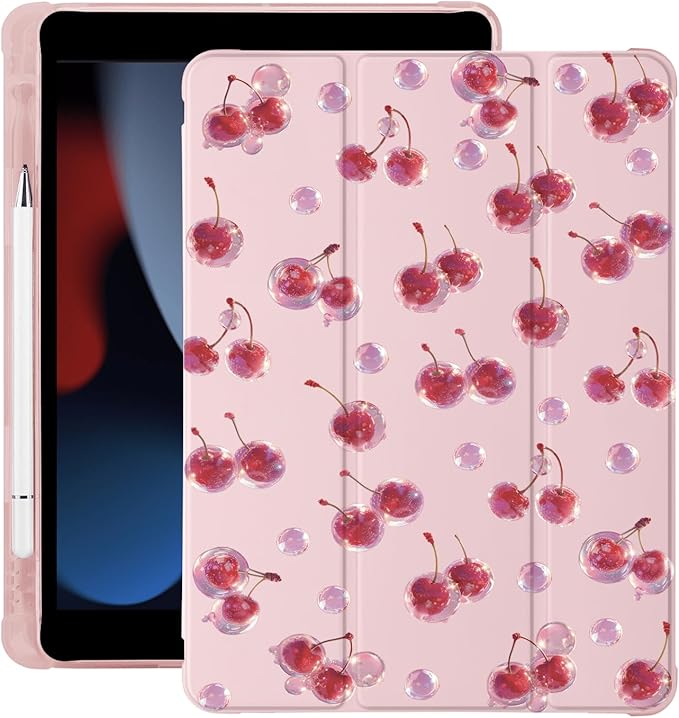 Kawaii Cute Cherry for iPad Air 3 Case with Pencil Holder Auto Sleep/Wake Pink Leather Soft TPU Back Cover for iPad Pro 10.5 Inch 2017