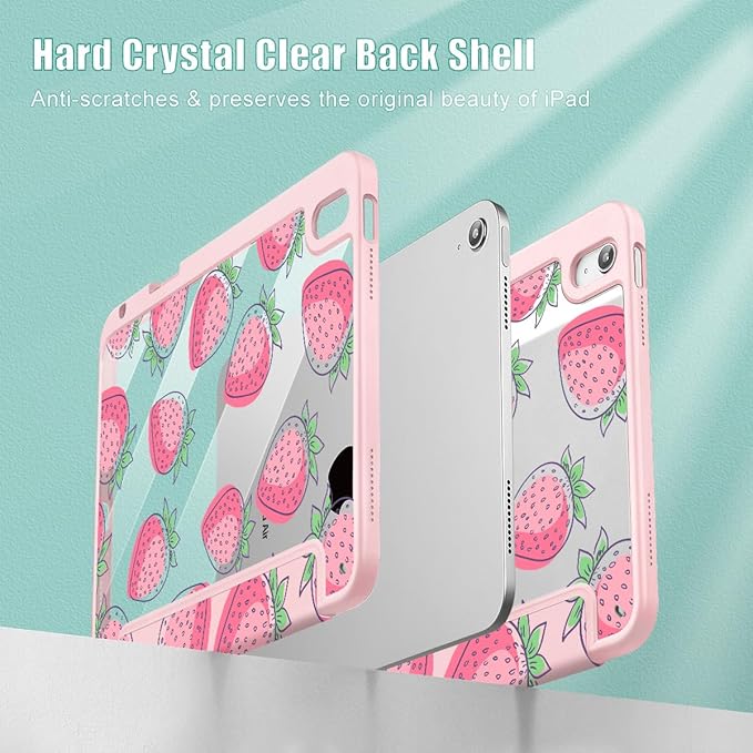 Case for iPad Air 11'' (M4 2026/M3 2025/M2 2024)/ iPad Air 10.9'' Air 5th /4th Gen Shockproof Cover with Clear Back Shell &amp Penceil Holder Auto Wake/Sleep Stand Cover Strawberries