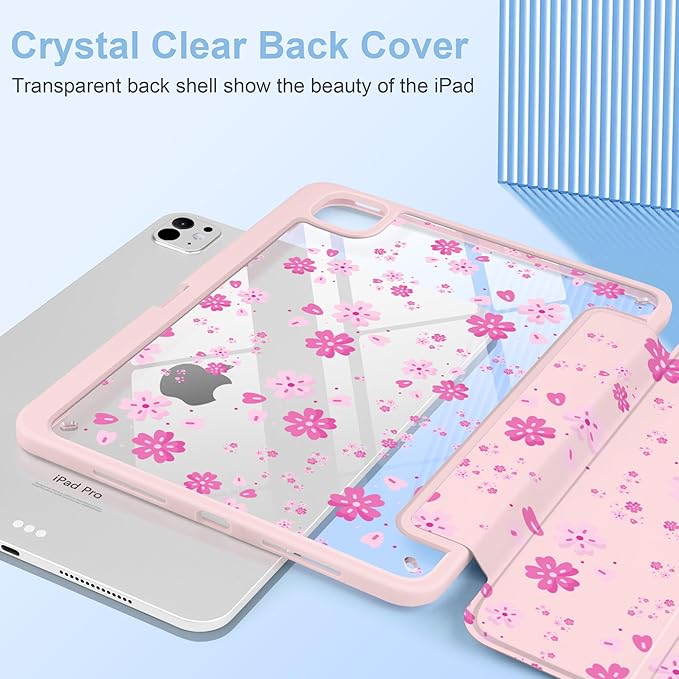 MecBevia Case for iPad Pro 11 inch M5 2025 / M4 2024 (6th/5th Gen) A3357 A3358 A3359 A2836 A2837 A3006 – Built-in Pencil Holder &amp Auto Wake/Sleep Pink Petals