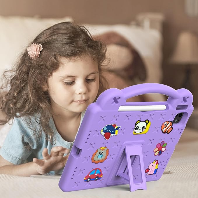for iPad Air 11 inch Kids Case M3/M2 (2025/2024) &amp iPad Pro 11 Inch M4 Case 2024 with Pencil Holder/Handle/Kickstand Cute DIY Soft Shockproof Stand Lightweight Tablet Cover Light Purple Bear