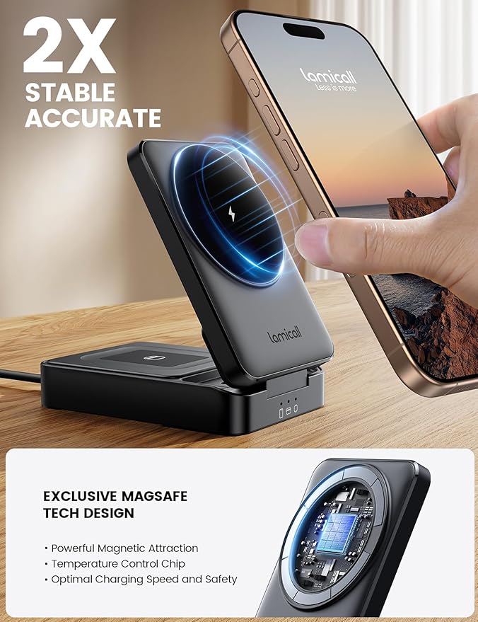 Lamicall Foldable 3 in 1 Wireless Charging Station for Apple MagSafe - [Upgraded Cooling &amp Reliability] Compact Travel Magnetic Charger Stand for iPhone 17 16 15 14 13 Pro Max AirPods Apple Watc