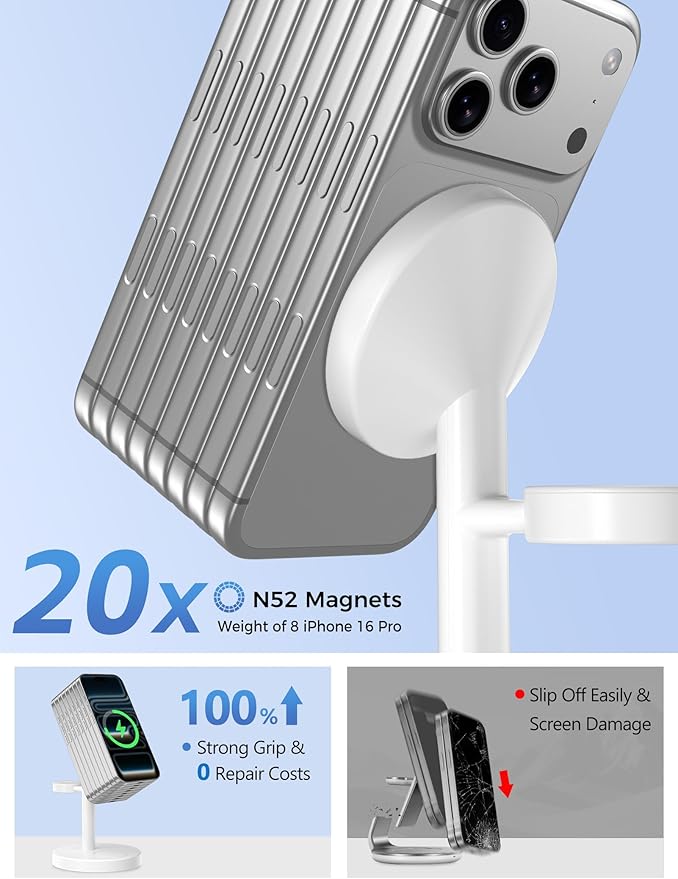2026 3 in 1 Wireless Charging Station Compatible with MagSafe 15W Fast Magnetic Mag-Safe Charger Stand for Apple iPhone 17 16 15 14 13 12 Series iWatch AirPods Pro 4 3 2 White