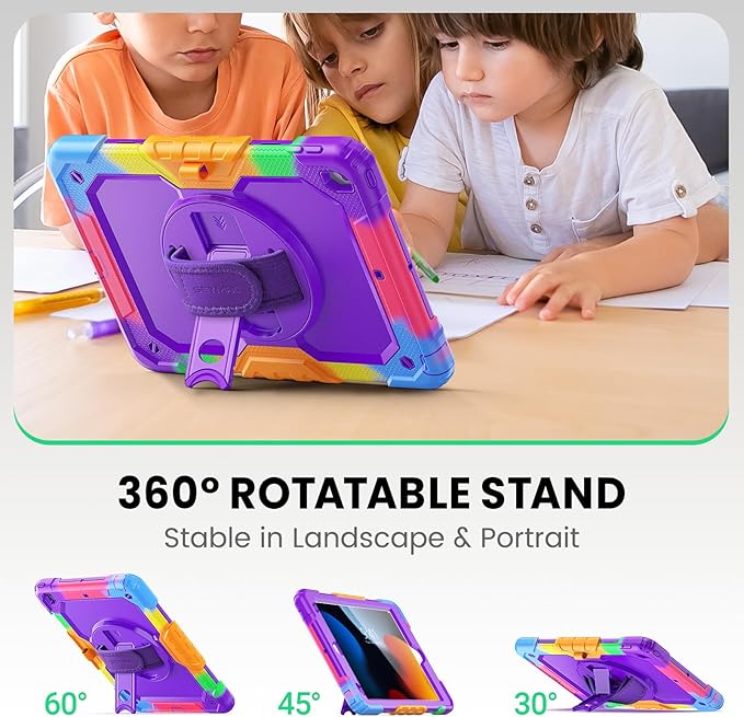 SEYMAC Kids Case for iPad 9th/8th/7th Generation 10.2 Inch with Screen Protector Rotatable Hand Strap/Stand Shoulder Strap Shockproof Heavy Duty Protective Case for iPad 10.2 Colorful Purple