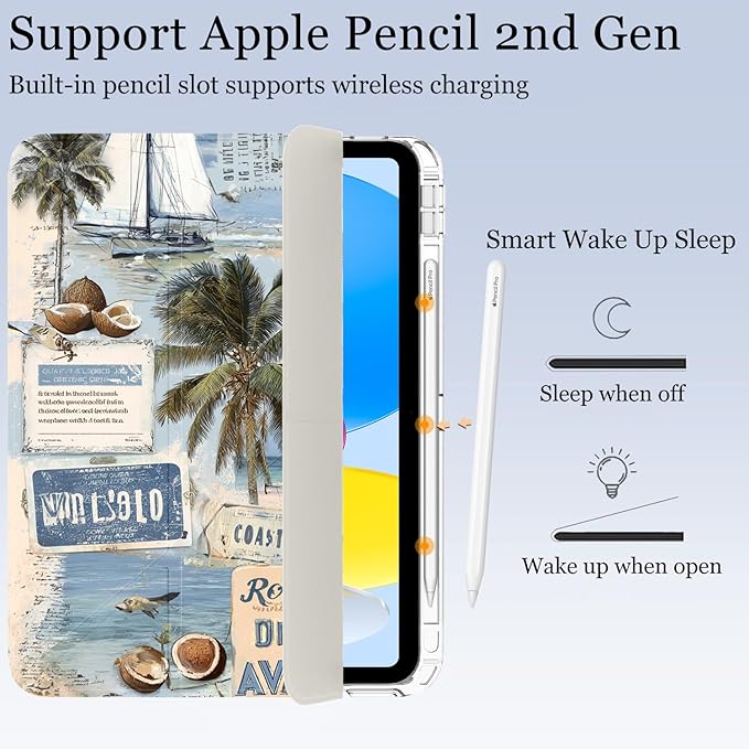 Sea Beach Newspaper for iPad Air 11 Inch Case 7th/6th Generation (M3/M2) 2025/2024 with Pencil Holder Auto Sleep/Wake White Leather Acrylic Back Detachable Cover