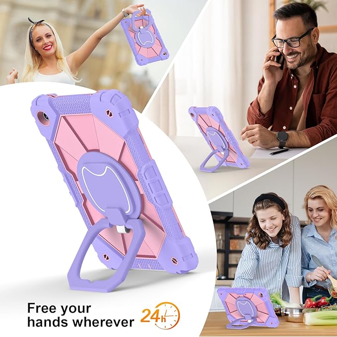for Samsung Galaxy Tab A11+ Plus/A9+ 11 Inch Case 2025/2023 Cute Shockproof Silicone Business Protective Cover for Galaxy A9+/A11+ with 360 Rotating Stand Handle Shoulder Strap Purple Pink