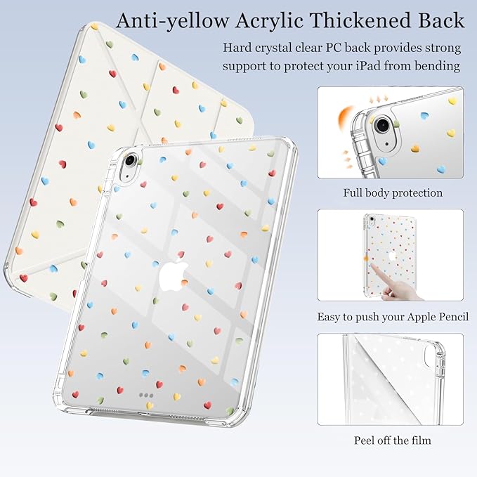 Cute Colorful Love Heart for iPad Pro 11 Inch Case (M5/M4) 2025/2024 with Pencil Holder Auto Sleep/Wake White Leather Acrylic Back Detachable Cover