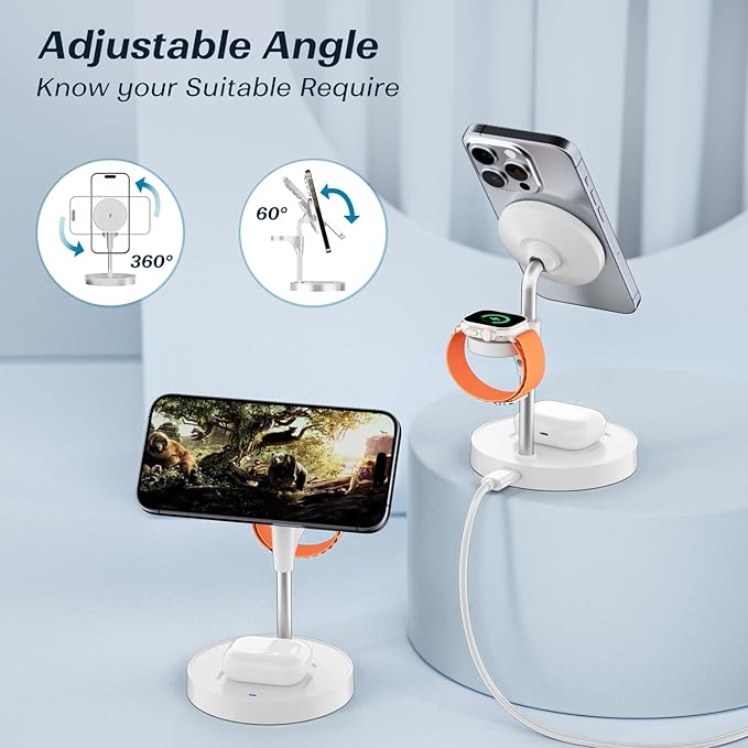 KPON for Magsafe Wireless Charging Station 15W Fast Magnetic 3 in 1 Wireless Charger Stand Multiple Devices Dock for iPhone 16 15 14 13 12 /Apple Watch/AirPods (with PD 20W Adapter) (White)