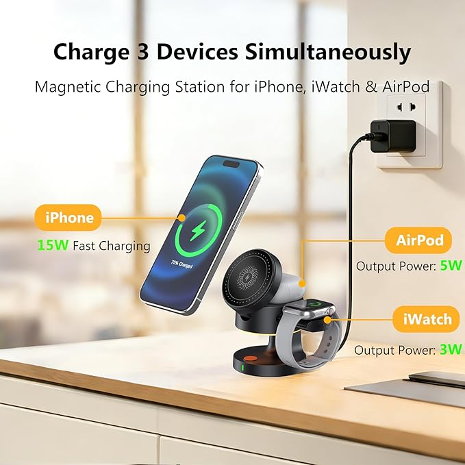 3-in-1 Wireless Charging Station Magnetic Charging Stand for iPhone air pods and Apple Watch Portable Fast Charger for Travel Home Office